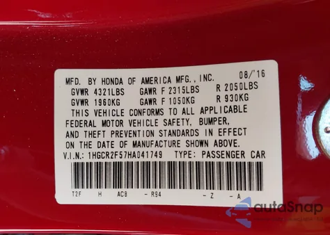 2017 Honda Accord Sport from USA, damaged, VIN 1HGCR2F57HA041749